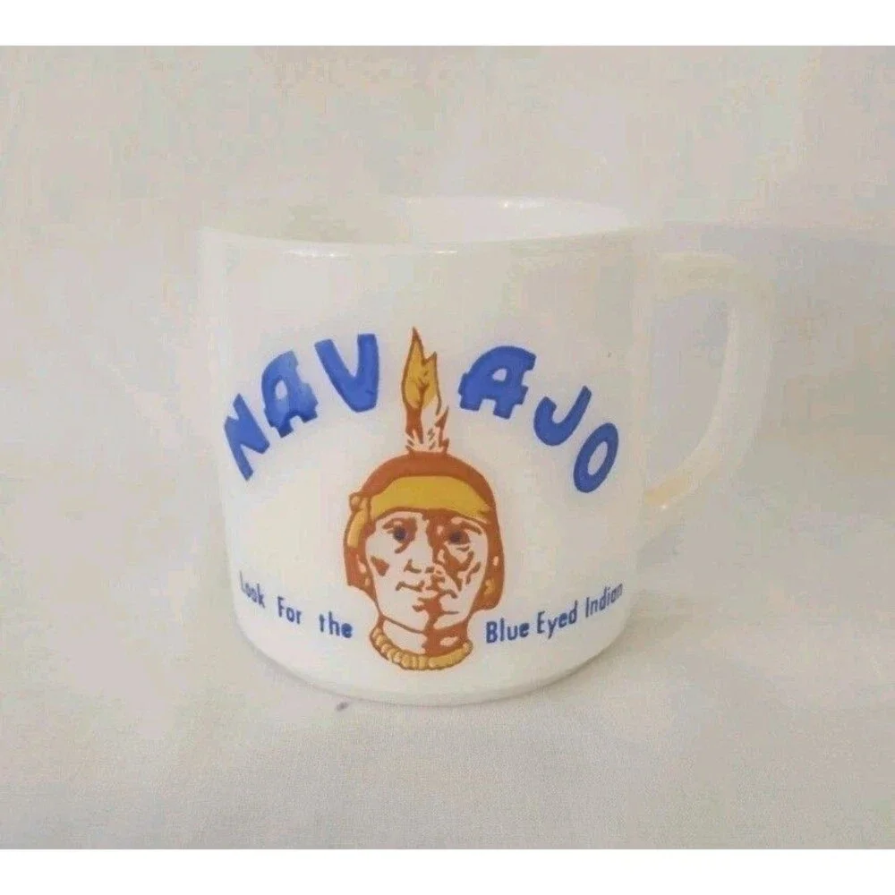 NAVAJO Freight Lines Look for the Blue Eyed Indian Federal Milk Glass Mug